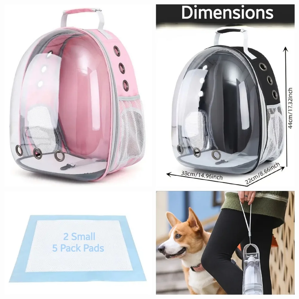 Pet Backpack Clear Dome Carrier in Pink w Retract Brush, Water Bottle & P Pads